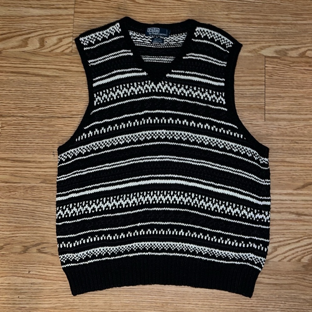 Vintage  Black and White Hand Knitted Sweater Vest Polo by Ralph Lauren Size L